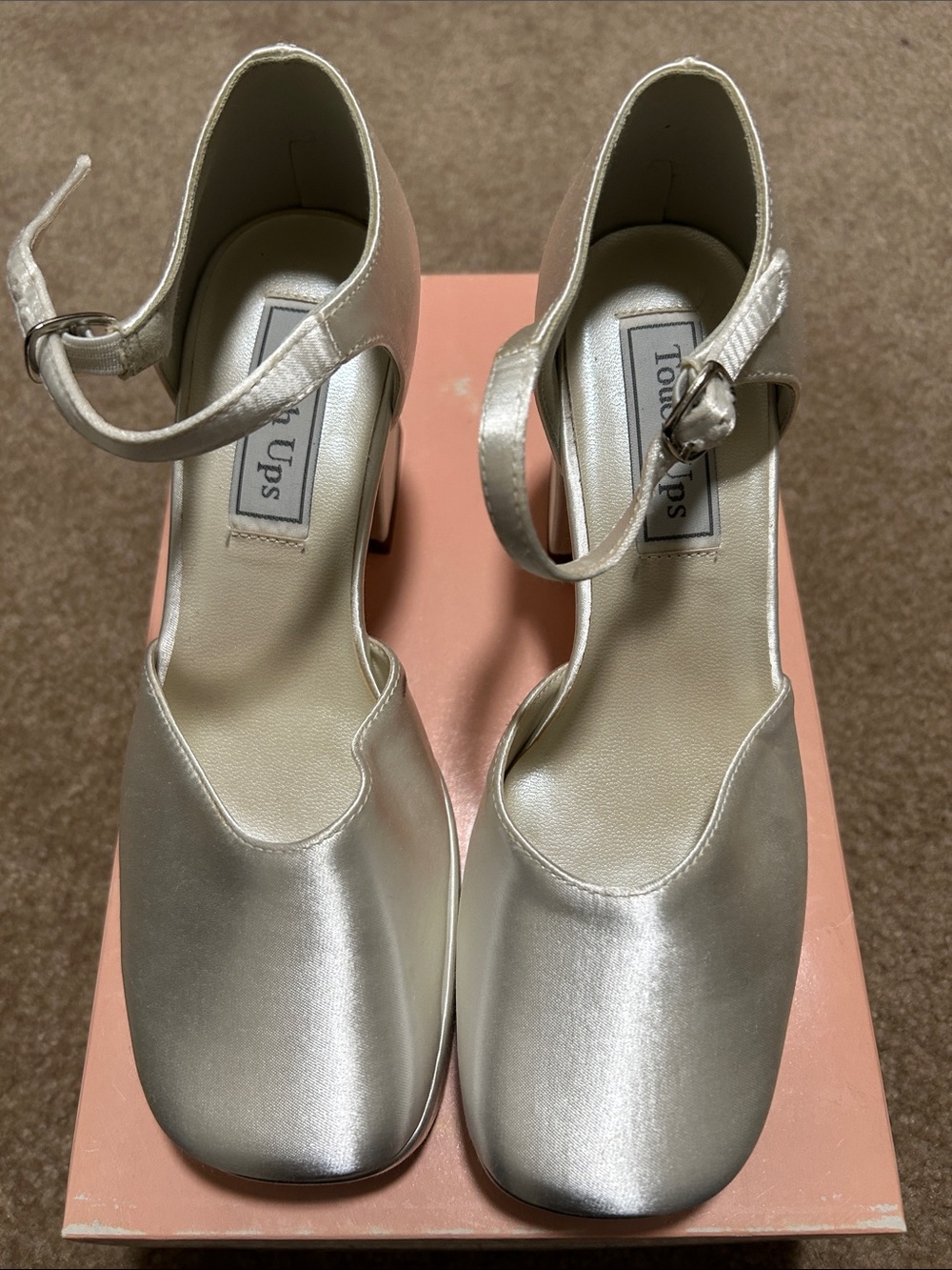 Touch Ups Silver Satin Ankle-Strap Block Heels